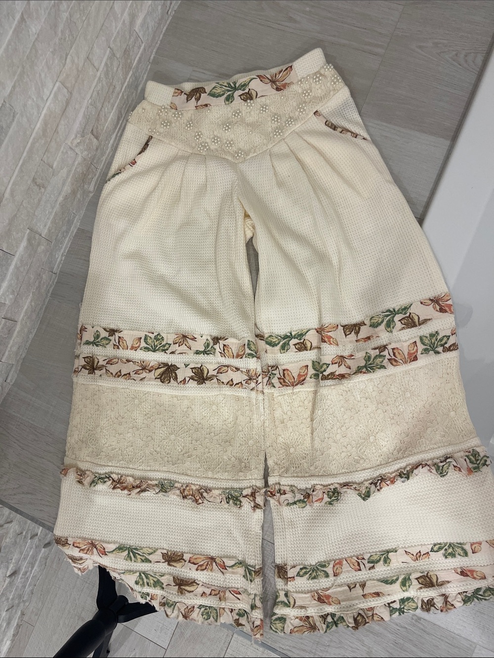 POL Cream Wide-Leg Pants with Floral Trim NWOT